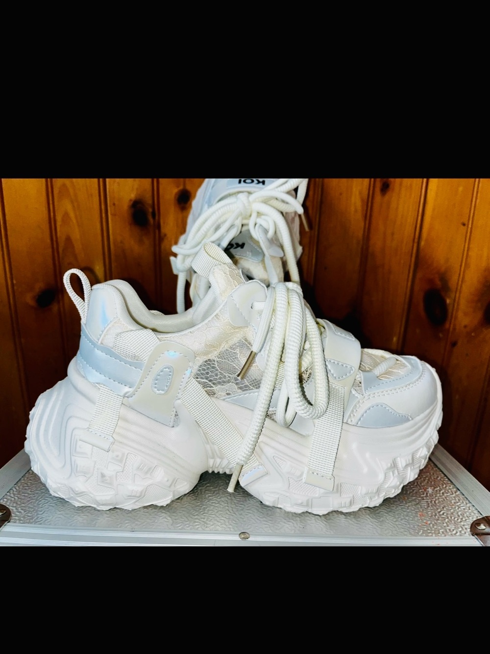 KOI X Dolls Kill irredescent White Leatherette Lace-Detail Chunky Sneakers
